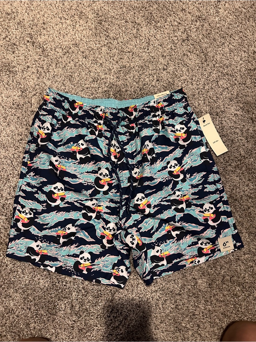 No Boundaries Men's Navy Swim Trunks with Multi-Color Panda Print